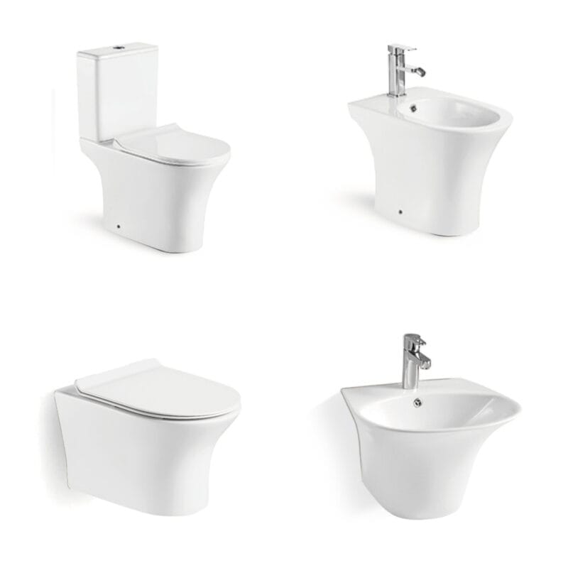Conjunto de baño contemporáneo con inodoro de pie con certificación CE, bidé de pared y lavabo suspendido para viviendas de lujo