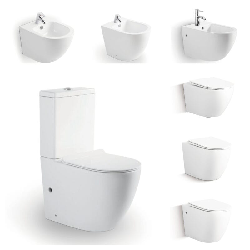 Conjunto de baño de cerámica blanca elegante con certificación ISO 9001 y CE: inodoro sin reborde + bidé de pared a juego