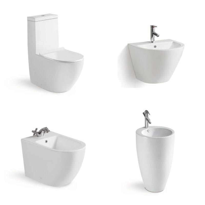 Conjunto de cerámica para baño homologado por Saso: inodoro de pie + combinación de lavabo suspendido y bidé para proyectos en Arabia Saudita