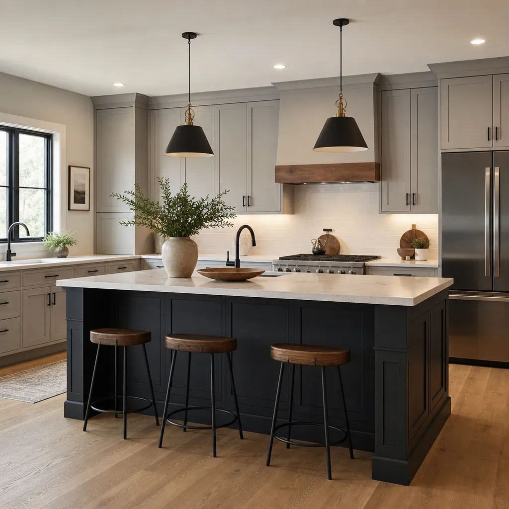 Una isla de cocina moderna pintada en un tono carbón oscuro que contrasta con los gabinetes perimetrales en gris suave