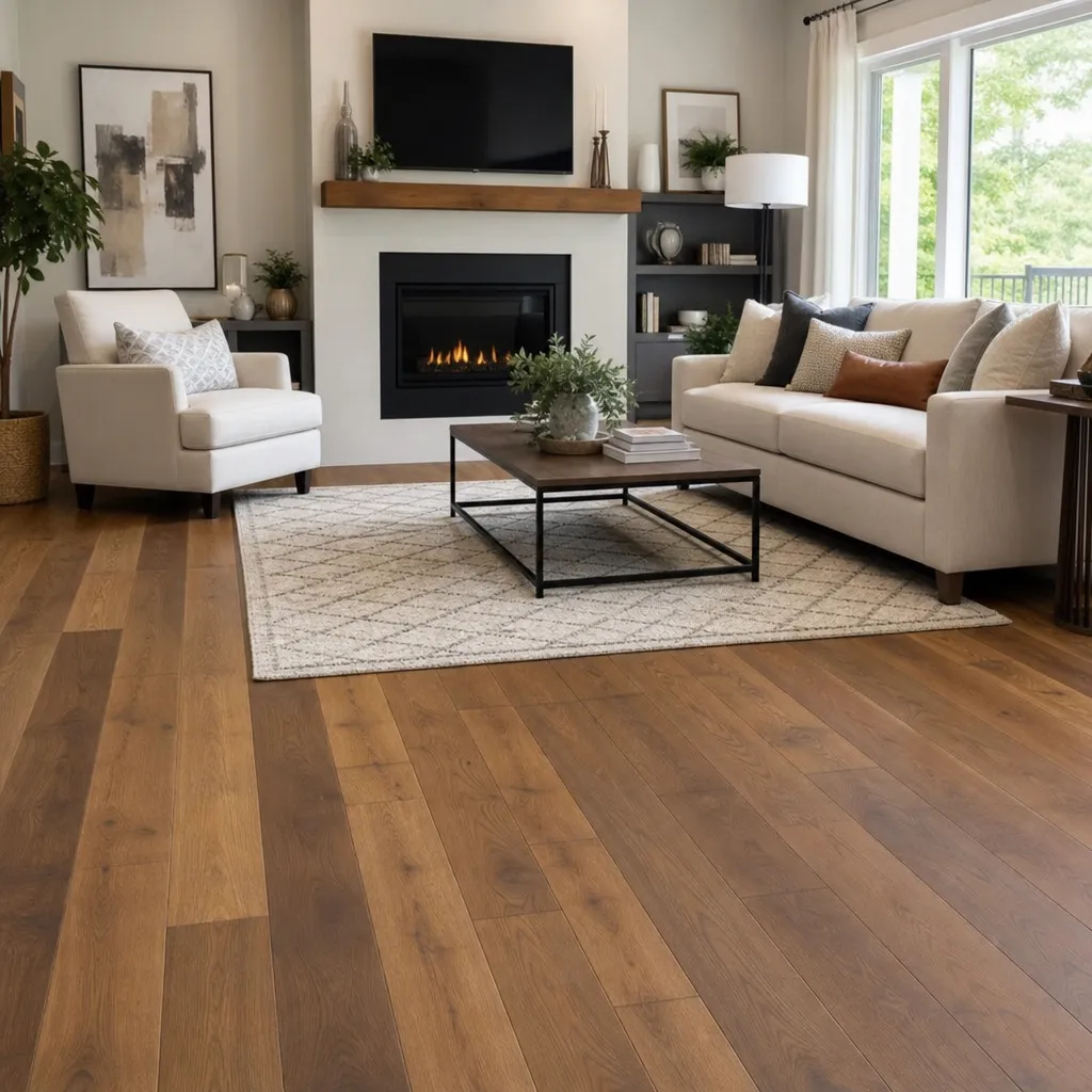 Sala de estar moderna con un hermoso piso estilo madera