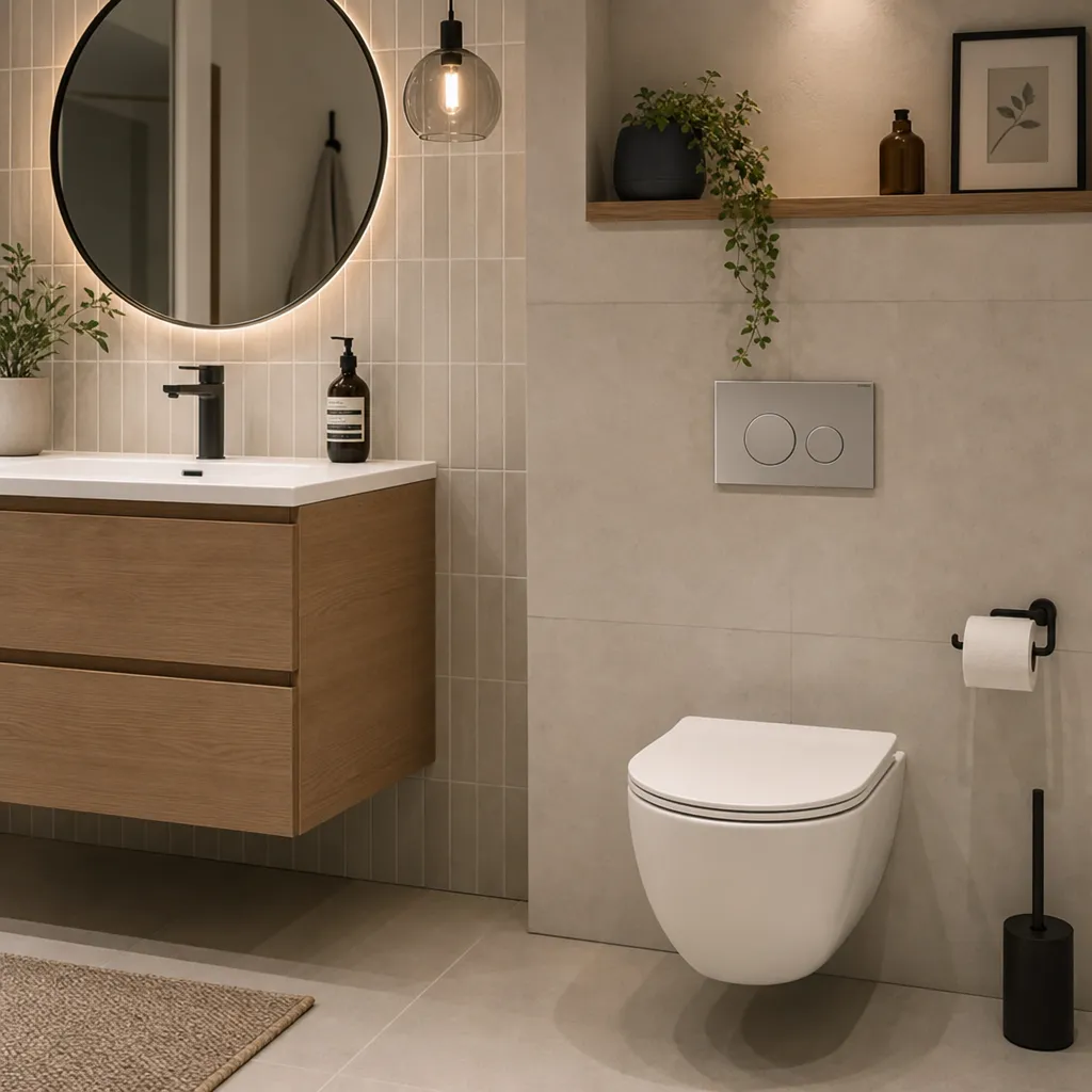 Un elegante baño residencial con una placa de accionamiento de doble descarga en la pared
