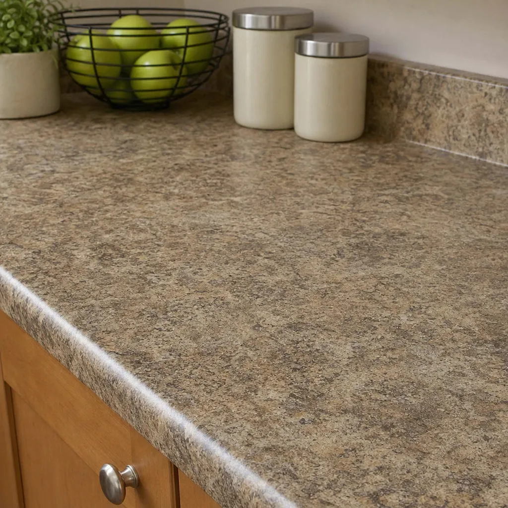 Primer plano de una encimera de cocina económica pero resistente, con un elegante acabado laminado