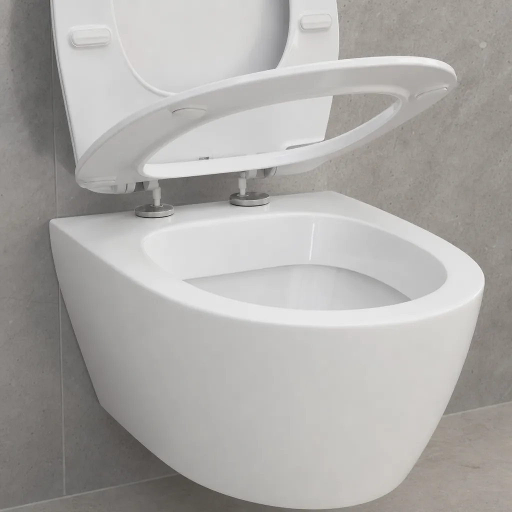 Primer plano de una taza de inodoro sin reborde, montada en la pared, y un asiento de liberación rápida