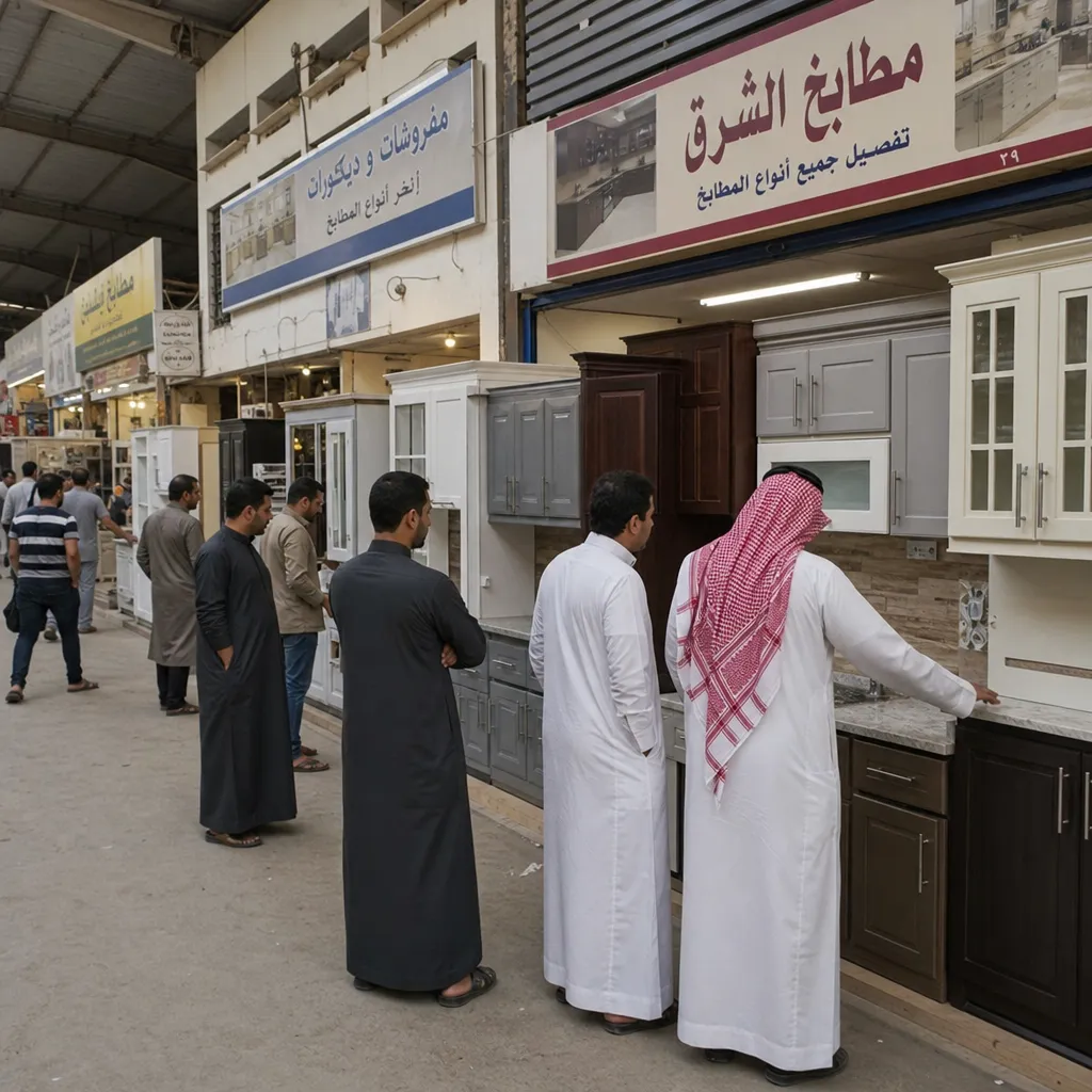 Clientes que recorren un animado mercado local de muebles en Riad, donde se exhiben diversos modelos de gabinetes de cocina