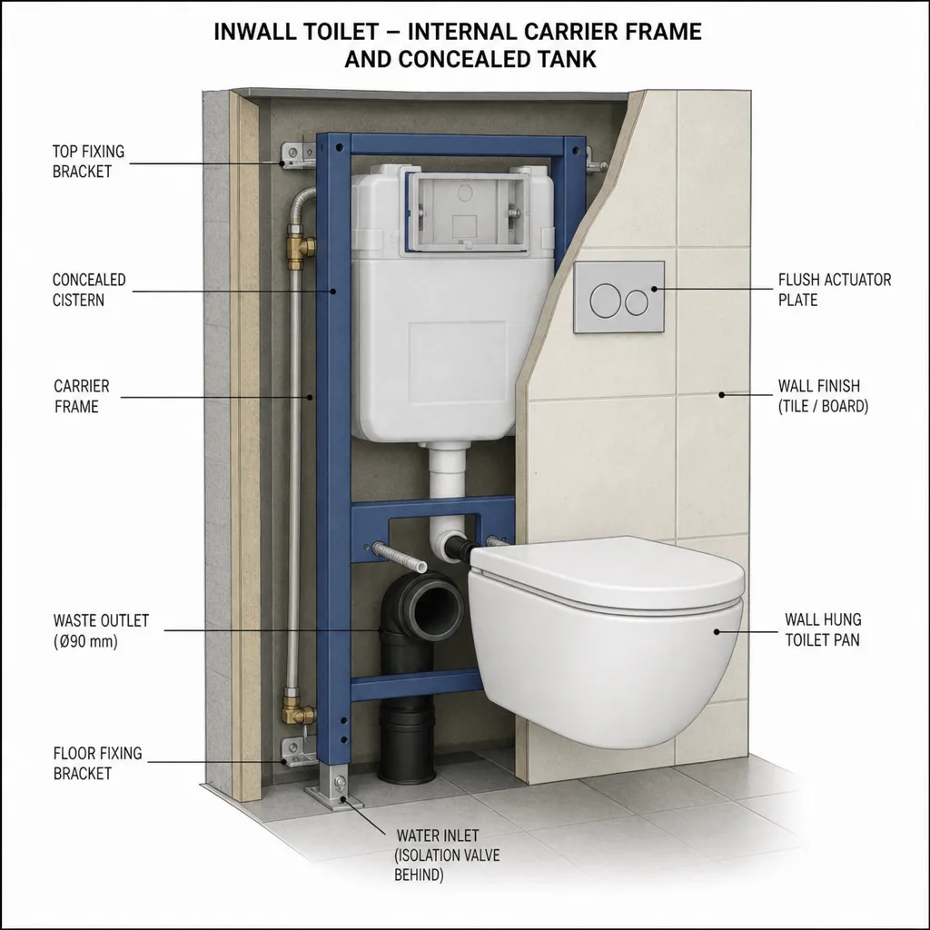 Diagrama que muestra el armazón interno de soporte y el tanque oculto de un inodoro empotrado en la pared