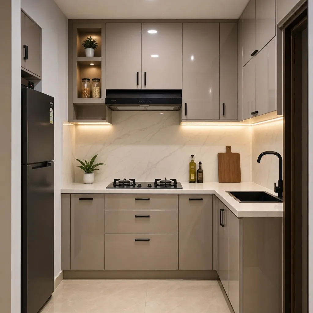 Gabinetes de cocina modernos de PVC diseñados para un departamento pequeño, con un acabado elegante