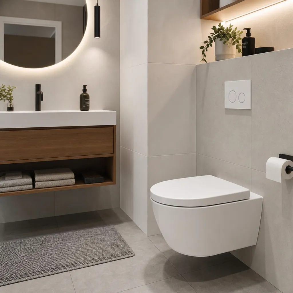 Baño moderno con un elegante inodoro suspendido blanco