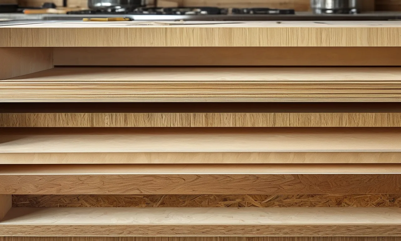 Plywood kitchen cabinet box construction close-up with layered veneer core