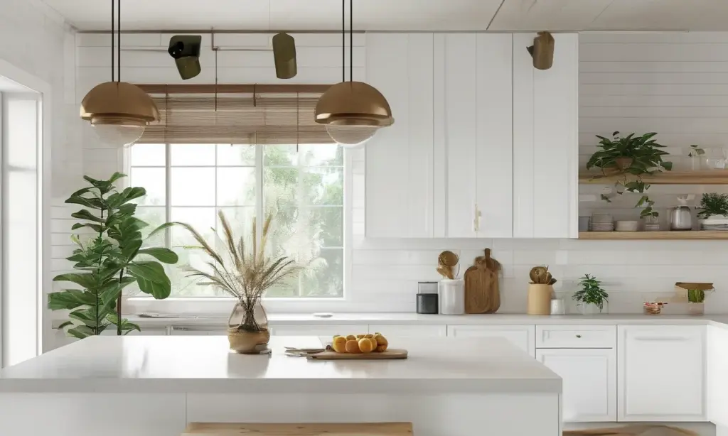 Portada de una cocina moderna de estilo Shaker en blanco con gabinetes en tono madera y pintados